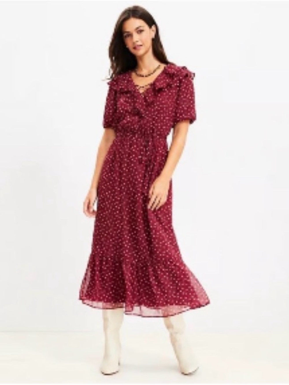 LOFT Flowy Chiffon Midi Dress Maroon Floral Ruffle cap Sleeve Sz M Fem Romantic